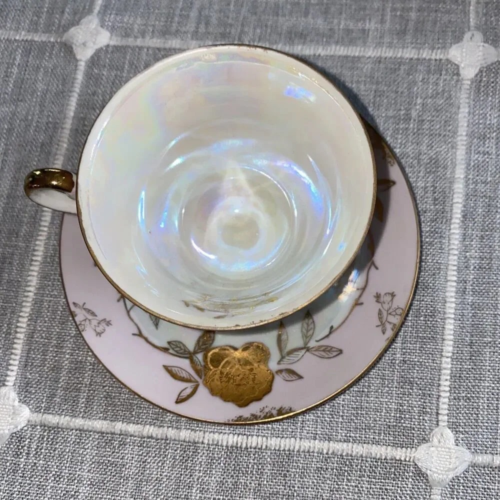 Vintage Lefton Iridescent Gold Rose Cup and Saucer Cup Set Hand Painted